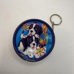 Vintage Lisa Frank Key Chain Blue Puppy Dog Round Zipper Coin Purse Pouch